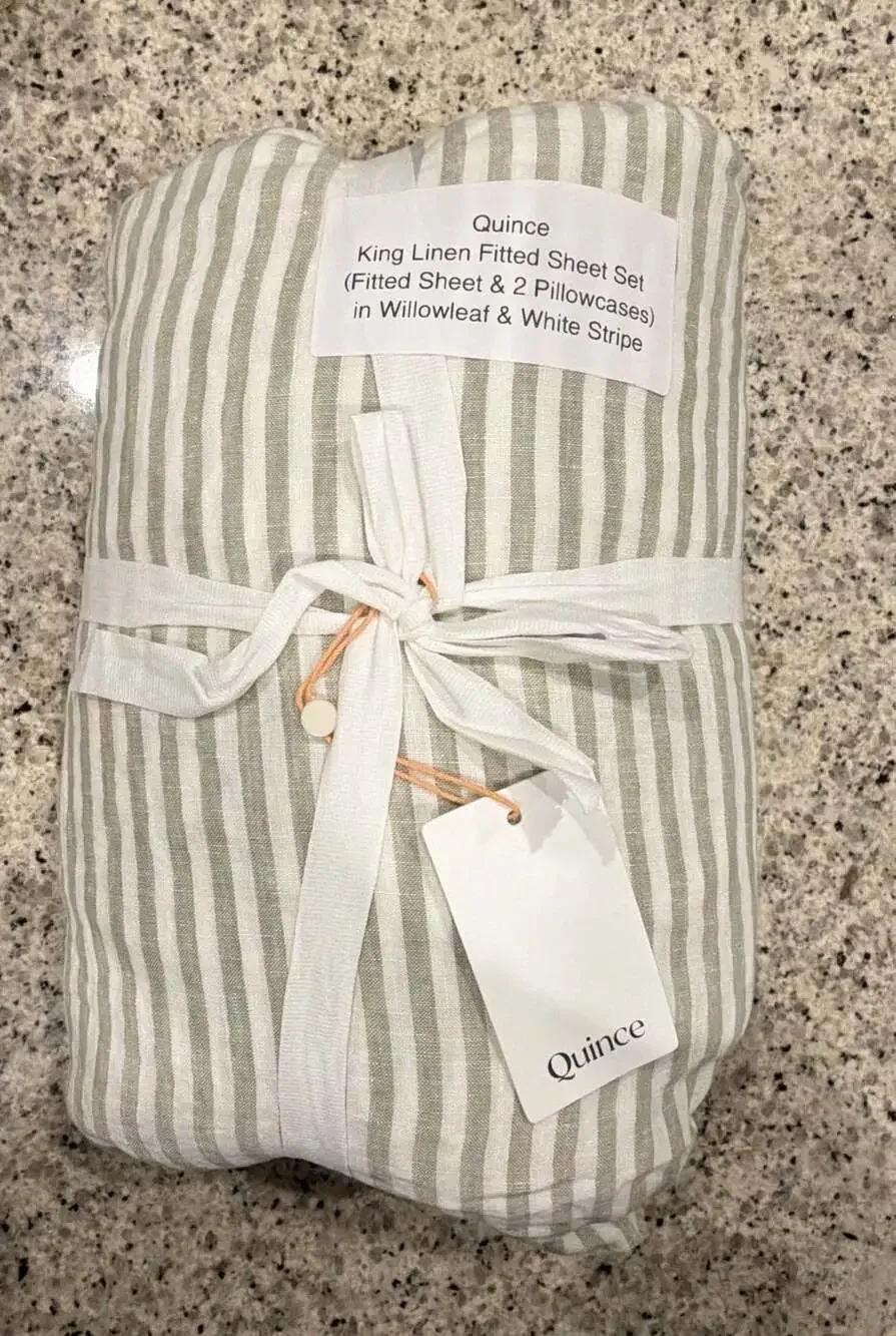 Quince King Linen Fitted Sheet Set in Willowleaf & White Stripe